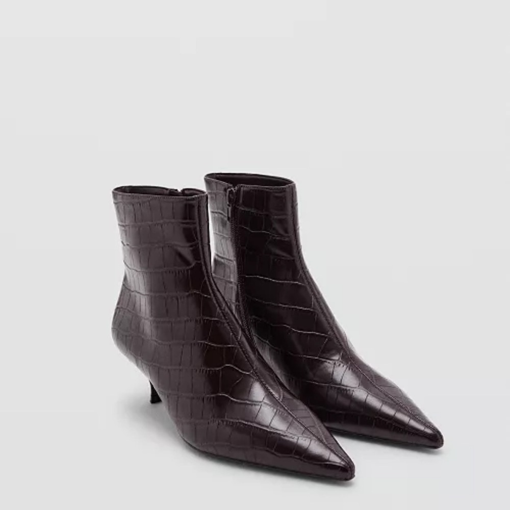 Mango Croc-Embossed Pointed Ankle Boots - Dark Brown